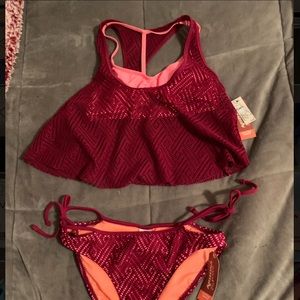 Bikini top and bottom. Burgundy & neon pink. Small
